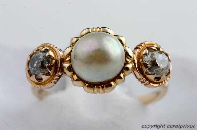 Perlenring in Gold Ring mit Perle u. 2 Diamanten antik  